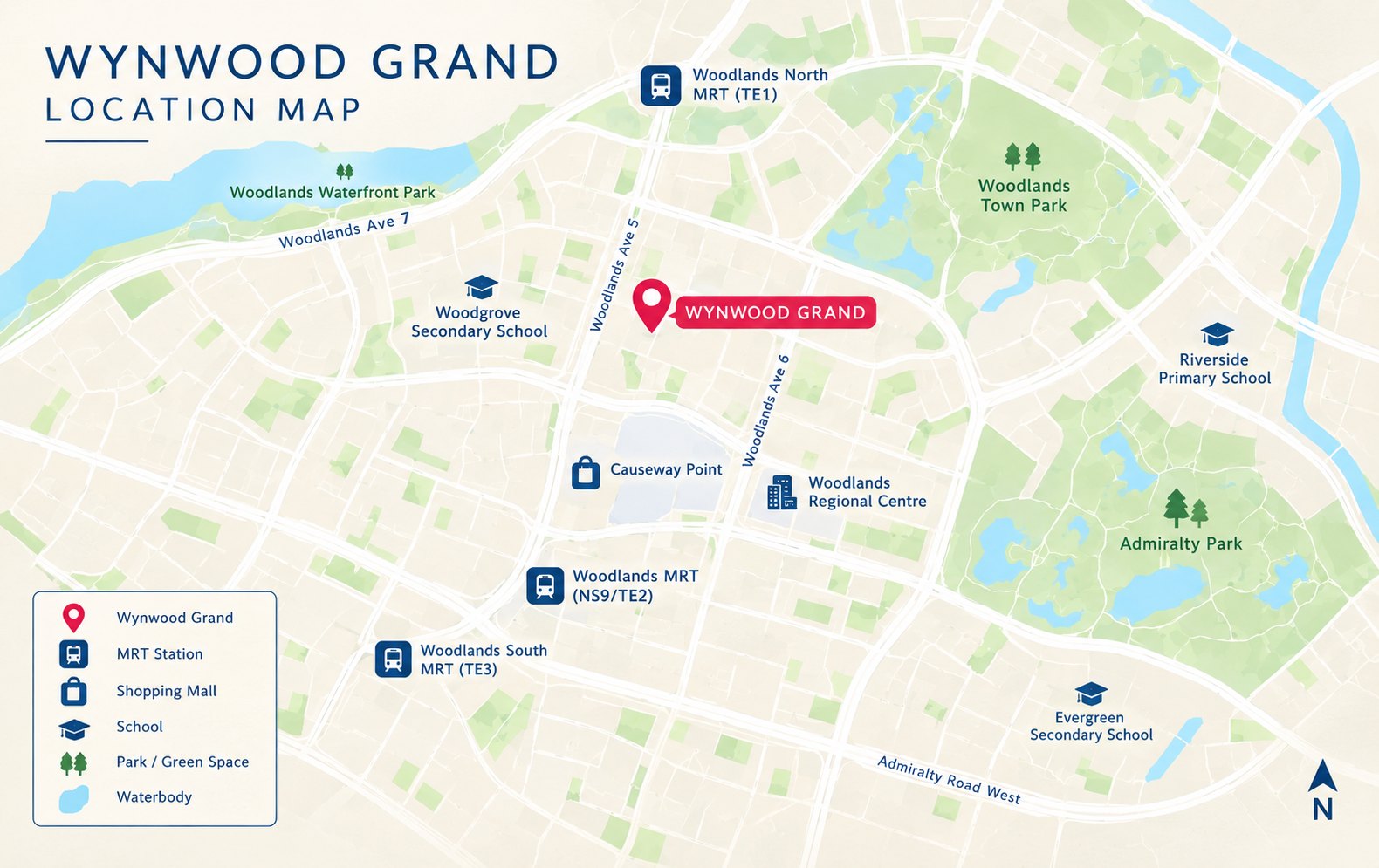 Wynwood Grand location map showing nearby MRT stations, Causeway Point, schools and parks around Woodlands
